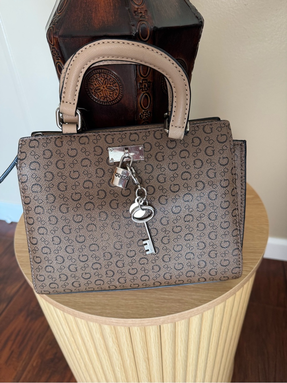 GUESS Tan and Brown Logo Satchel with Key Charm 7 1/2 length and 9 width small